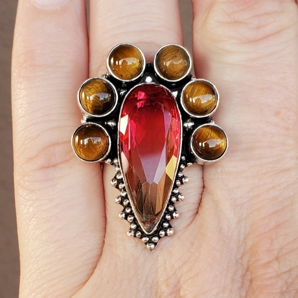 New Bi-Color Tourmaline & Tiger Eye 925 Silver Ring. - Picture 13 of 15